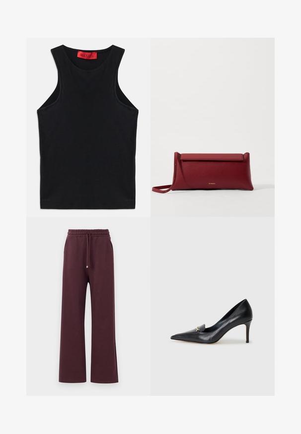 Sort ærmeløs top lavet af blødt bomuld. Har en rund halsudskæring og standard kant. Simpelt design, ingen synlige mønstre eller accenter.; Bordeaux brede bukser med elastisk talje, snor og sidelommer. Lavet af blødt, glat stof med en afslappet pasform.; Sorte læderpumps med spids tå, lav udskæring og dekorativ guldaccent. Har en stiletthæl og glat tekstur.; Rød læder clutchtaske med tekstureret overflade, der har et fladt fold-over top og en kort rem. Diskret logo på fronten.