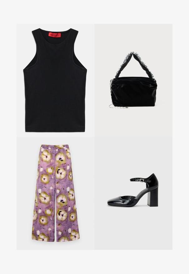 Schwarzes ärmelloses Oberteil aus weichem Baumwollstoff. Mit Rundhalsausschnitt und normalem Saum. Einfaches Design, ohne sichtbare Muster oder Akzente.; MAX&Co. ACRUX - Stoffhose - lila; Schwarze patentierte Leder-High Heels mit quadratischer Zehenform, Knöchelriemchen und dicker Absatz. Enthält durchbrochene Details entlang des Randes.; Schwarze Handtasche aus Kunstleder mit strukturiertem Finish, ausgestattet mit einem mit Perlen verzierten silbernen Akzent am oberen Griff und einem Kettenriemen.