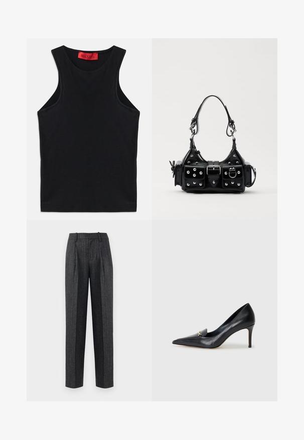 Top senza maniche nero realizzato in morbido cotone. Presenta un colletto rotondo e un orlo standard. Design semplice, senza motivi o accenti visibili.; Pantaloni su misura in tessuto grigio scuro con sottili righe verticali, caratterizzati da una linea dritta, pince frontali e una texture liscia.; Décolleté in pelle nera con punta affusolata, scollatura bassa e un accento decorativo dorato. Presenta un tacco a stiletto e una superficie liscia.; Borsa a mano in pelle nera con design curvo, caratterizzata da borchie argentate, una fibbia e due tasche laterali. Tracolla regolabile per diverse opzioni di trasporto.