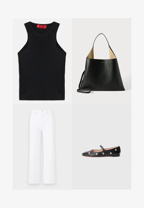 Zwarte mouwloze top van zachte katoen. Heeft een ronde halslijn en een standaard zoom. Eenvoudig ontwerp, geen zichtbare patronen of accenten.; Witte denim jeans met een hoge taille en wijde pijpen. Bevat voorzakken, een knoopsluiting en subtiele stikseldetails.; Zwarte leren Mary Jane ballerina met een ronde neus, voorzien van zilveren ronde studs en een verstelbaar bandje met een gesp.; Zwarte leren handtas met een ruime, hoekige vormgeving. Voorzien van een contrasterende tan binnenkant en een dunne schouderband. Minimalistische branding weergegeven.