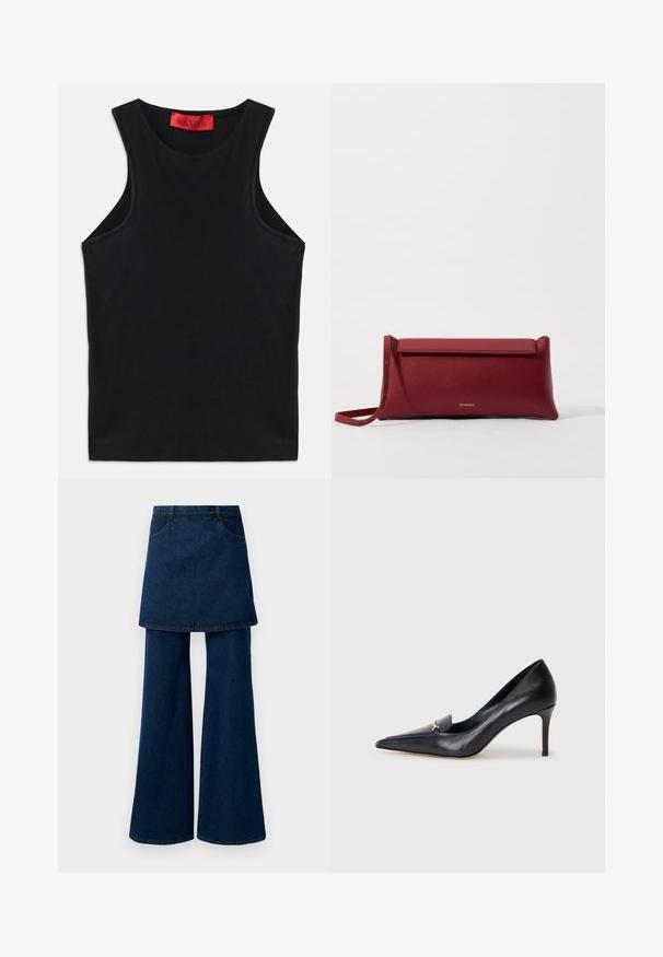 Black sleeveless top made from soft cotton. Features a round neckline and standard hem. Simple design, no visible patterns or accents.; Dark denim jeans with a layered skirt overlay, featuring wide legs and pockets, finished with a clean hem and classic stitching.; Black leather pump with a pointed toe, low-cut vamp, and a decorative gold accent. Features a stiletto heel and smooth texture.; Red leather clutch bag with a textured finish, featuring a flat fold-over top and a short strap. Subtle brand logo on the front.