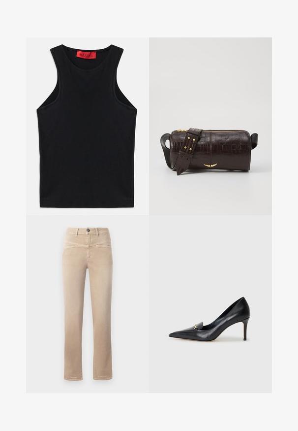 Fekete ujjatlan felső, puha pamutból készült. Kerek nyakkivágással és normál aljjal rendelkezik. Egyszerű dizájn, nincs látható minta vagy díszítés.; Világos bézs, egyenes szárú farmer, puha anyagból készült, elöl gombos záródással, két elülső zsebével és finom varrási részleteivel.; Fekete bőr magassarkú cipő hegyes orral, alacsony dekoltázzsal és díszes arany részlettel. Stiletto sarokkal és sima felülettel rendelkezik.; Barna krokodilbőr hatású bőr táska henger alakú, arany tónusú fémveretekkel és lecsatolható, szegecsekkel díszített pánttal.