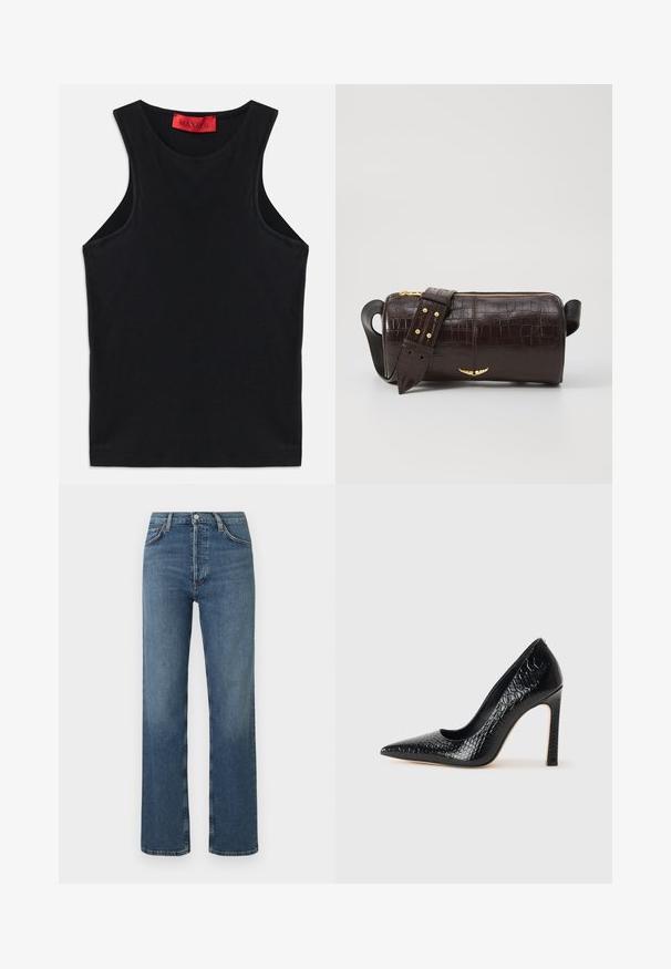 Black sleeveless top made from soft cotton. Features a round neckline and standard hem. Simple design, no visible patterns or accents.; Blue denim jeans with a straight-leg design, high waist, and five pockets. Features contrast stitching and a button fly closure.; Black pointed-toe high heel shoe with a crocodile-skin texture, featuring a sleek design, high stiletto heel, and smooth black interior.; Brown crocodile-embossed leather bag with a cylindrical shape, gold-tone hardware, and a detachable strap featuring studs.