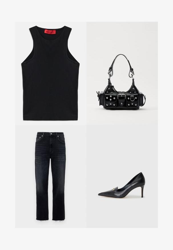 Top preto sem mangas feito de algodão macio. Apresenta um decote redondo e uma bainha standard. Design simples, sem padrões ou acessórios visíveis.; Jeans de cintura alta, de perna reta, em denim de lavagem escura, com bainha desfiada e design clássico de cinco bolsos com detalhes em prata.; Sapatilha de couro preto com bico fino, vamp baixo e um detalhe decorativo em ouro. Apresenta um salto agulha e uma textura suave.; Bolsa de couro preta com um design curvado, apresentando tachas prateadas, uma fivela e dois bolsos laterais. Alça ajustável para opções de transporte.