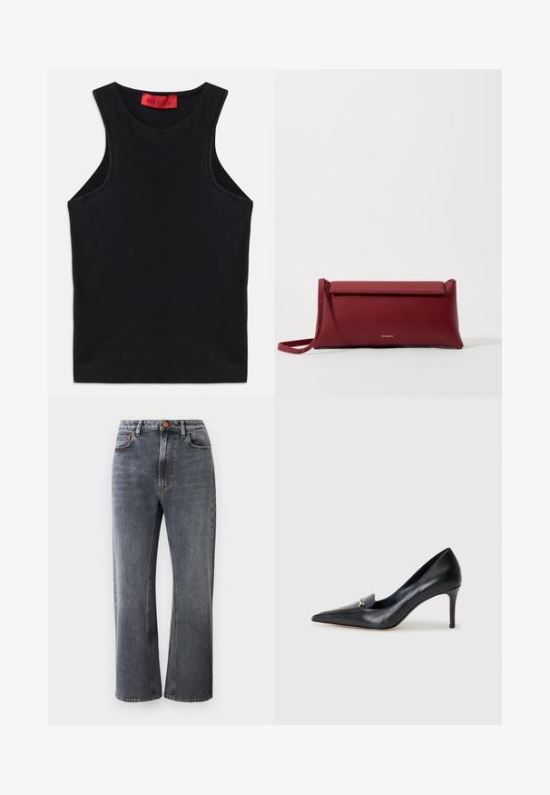 Must olnud mustast pehmest puuvillast. Omab ümmargust kaelust ja tavalist allserva. Lihtne disain, ilma nähtavate mustrite või aktsentideta.; Tumedate hallidege denim püksid, millel on kõrge talje, sirge lõige, viis taskut ja kontrastne oranž õmblusdetail.; Mustmust musta kinga terava nina, madala lõikega vamp ja dekoratiivne kuldne aksessuaar. Omab stilettokandikut ja sileda tekstuuri.; Punane nahkne käekott tekstuuriga viimistlusega, millel on lame voltimisosa ja lühike rihm. Pehme brändi logo ees.