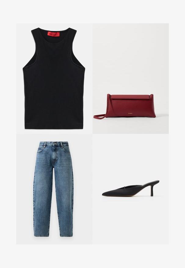 Zwarte mouwloze top van zachte katoen. Heeft een ronde halslijn en een standaard zoom. Eenvoudig ontwerp, geen zichtbare patronen of accenten.; Lichtblauwe denim jeans met een recht benenontwerp, hoge taille en minimalistische stiksels. Klassieke vijf-pocketstijl met metalen hardware.; Zwarte muiltje met spitse neus en een strak ontwerp, gemaakt van gladde stof, met een slanke hak en open achterkant voor gemakkelijk aan- en uittrekken.; Rode leren clutch met een gestructureerde afwerking, met een vlakke omvouwtop en een korte strap. Subtiele merklogo op de voorkant.