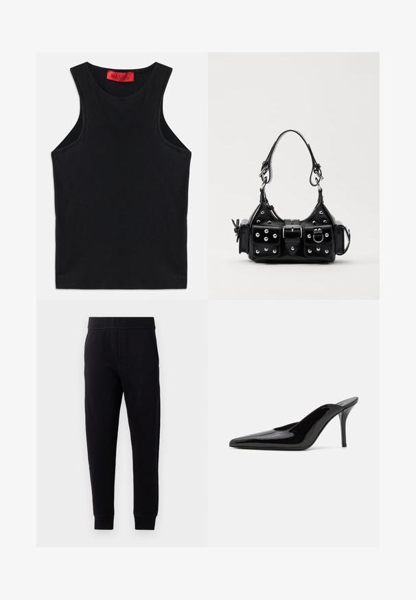 Black sleeveless top made from soft cotton. Features a round neckline and standard hem. Simple design, no visible patterns or accents.; Black jogger pants made of soft fabric, featuring an elastic waistband, slim fit, side pockets, and tapered cuffs at the ankles.; Black patent leather high-heeled mule with a pointed toe and a sleek silhouette, featuring an open back and a slender stiletto heel.; Black leather handbag with a curved design, featuring silver studs, a buckle, and two side pockets. Adjustable strap for carrying options.