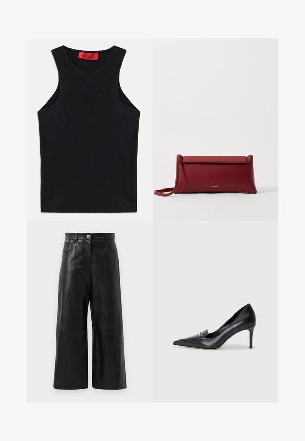 Black sleeveless top made from soft cotton. Features a round neckline and standard hem. Simple design, no visible patterns or accents.; Black leather wide-leg pants with a smooth texture, featuring a zipper fly and front pockets. Minimalist design with a cropped length.; Black leather pump with a pointed toe, low-cut vamp, and a decorative gold accent. Features a stiletto heel and smooth texture.; Red leather clutch bag with a textured finish, featuring a flat fold-over top and a short strap. Subtle brand logo on the front.