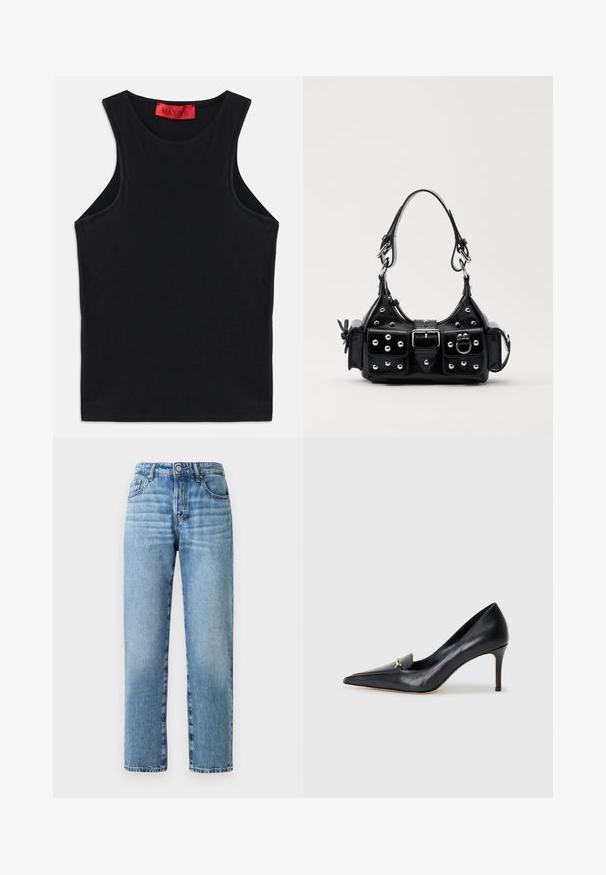 Must olnud mustast pehmest puuvillast. Omab ümmargust kaelust ja tavalist allserva. Lihtne disain, ilma nähtavate mustrite või aktsentideta.; Heledad sinine denimist valmistatud sirge säärega teksapüksid, nähtava õmblusega, nööbiga kinnitatud ja viie taskuga disain.; Mustmust musta kinga terava nina, madala lõikega vamp ja dekoratiivne kuldne aksessuaar. Omab stilettokandikut ja sileda tekstuuri.; Must värvi nahast käekott, millel on kaarjas disain, hõbedased nupukesed, kinnitusahe ja kaks külgtaskut. Reguleeritav rihm erinevate kandmisvõimaluste jaoks.