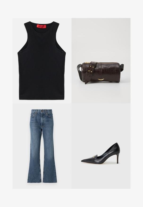 Schwarzes ärmelloses Oberteil aus weichem Baumwollstoff. Mit Rundhalsausschnitt und normalem Saum. Einfaches Design, ohne sichtbare Muster oder Akzente.; Denim-Jeans mit weitem Bein in mittlerem Blauton, hoher Taillenschnitt, traditioneller Fünf-Taschen-Stil und ausgefranstem Saum am unteren Ende.; Schwarzer Lederpumps mit spitzer Zehe, niedrigem Vamp und dekorativem goldenen Akzent. Verfügt über einen Stiletto-Absatz und eine glatte Textur.; Braune, krokodilgeprägte Lederhandtasche mit zylindrischer Form, goldfarbener Hardware und einem abnehmbaren Tragegurt mit Nieten.
