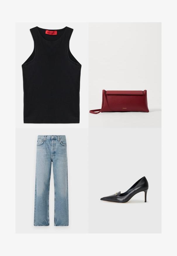 Top sin mangas negro hecho de algodón suave. Presenta un escote redondo y un dobladillo estándar. Diseño simple, sin patrones ni acentos visibles.; Pantalones vaqueros de denim azul claro con cintura alta, corte de pierna ancha y diseño de cinco bolsillos. Cuenta con un cierre de botón y un desgastado sutil.; Zapato de piel negra con punta afilada, escote bajo y un detalle decorativo dorado. Cuenta con un tacón de aguja y textura suave.; Bolso de mano de cuero rojo con un acabado texturizado, que presenta una parte superior plana y un asa corta. Sutil logo de la marca en la parte frontal.