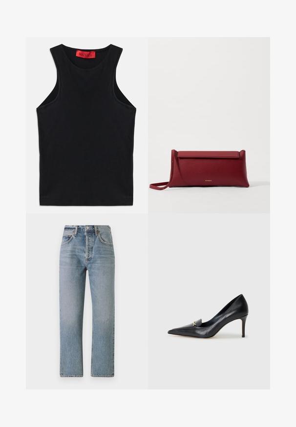 Top sin mangas negro hecho de algodón suave. Presenta un escote redondo y un dobladillo estándar. Diseño simple, sin patrones ni acentos visibles.; Jeans de denim azul claro con un corte recto, cintura alta y diseño clásico de cinco bolsillos. Presenta un ligero desvanecimiento y cierre de cremallera.; Zapato de piel negra con punta afilada, escote bajo y un detalle decorativo dorado. Cuenta con un tacón de aguja y textura suave.; Bolso de mano de cuero rojo con un acabado texturizado, que presenta una parte superior plana y un asa corta. Sutil logo de la marca en la parte frontal.