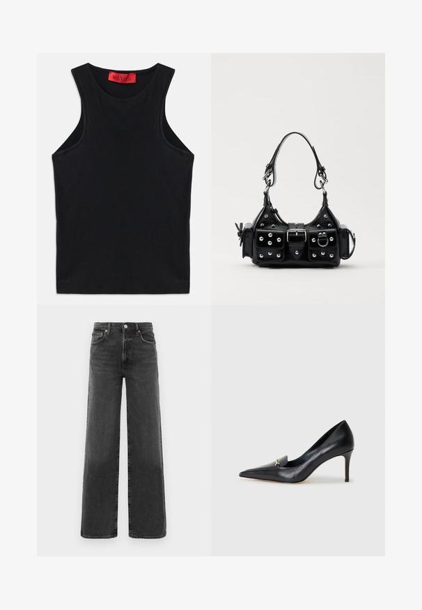 Black sleeveless top made from soft cotton. Features a round neckline and standard hem. Simple design, no visible patterns or accents.; Black high-waist straight-leg denim jeans with front button and zipper, two front pockets, and two back pockets.; Black leather pump with a pointed toe, low-cut vamp, and a decorative gold accent. Features a stiletto heel and smooth texture.; Black leather handbag with a curved design, featuring silver studs, a buckle, and two side pockets. Adjustable strap for carrying options.