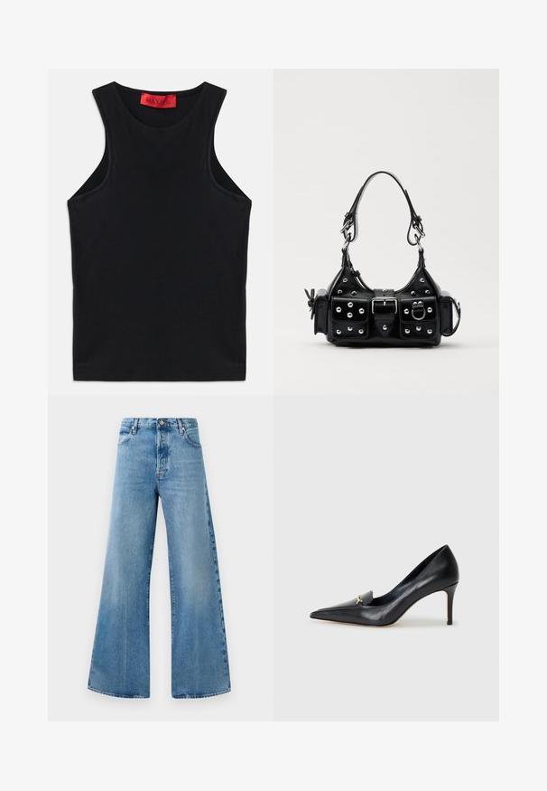 Czarny bezrękawnik wykonany z miękkiej bawełny. Ma okrągły dekolt i standardowy dół. Prosty design, brak widocznych wzorów lub akcentów.; Jasnoniebieskie jeansy typu wide-leg z wysokim stanem, z przednimi kieszeniami, zapięciem na guzik oraz subtelnymi efektami przetarcia.; Czarny skórzany czórek na wysokim obcasie z ostrym noskiem, niskim przodem i dekoracyjnym złotym akcentem. Posiada szpilkowy obcas oraz gładką fakturę.; Czarna skórzana torebka w zakrzywionym kształcie, z srebrnymi ćwiekami, klamrą i dwoma bocznymi kieszeniami. Regulowany pasek umożliwiający różne opcje noszenia.