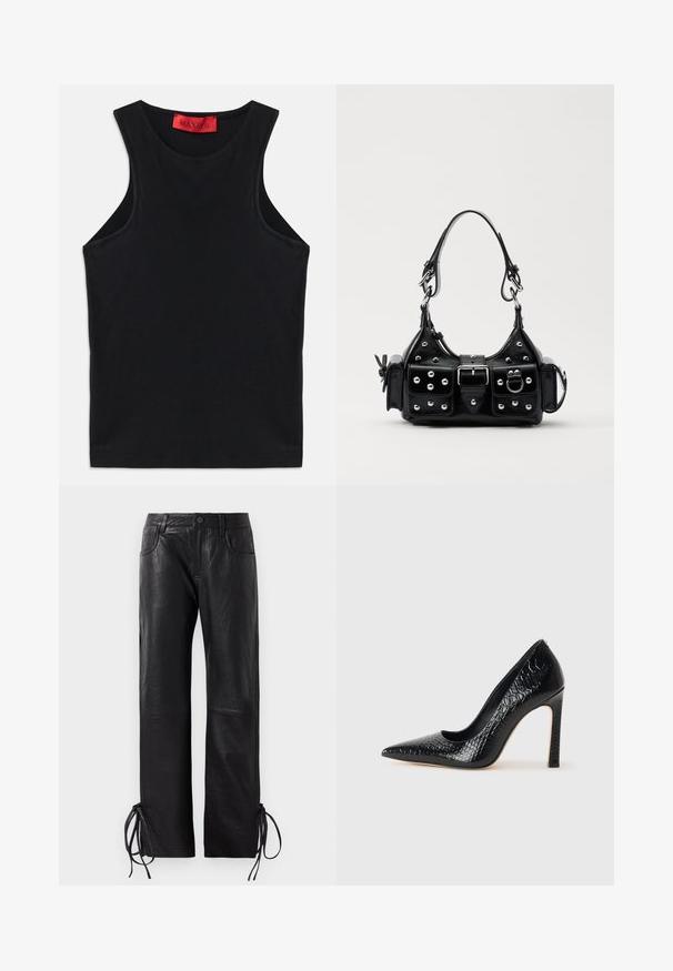 Top sans manches noir en coton doux. Présente un col rond et un ourlet standard. Design simple, sans motifs ni accents visibles.; Pantalons en cuir noir avec une finition légèrement texturée, coupe droite et lacets réglables à l'ourlet pour un ajustement personnalisable.; Escarpin noir à bout pointu avec texture en cuir de crocodile, présentant un design élégant, un haut talon aiguille et un intérieur noir lisse.; Sac à main en cuir noir au design courbé, avec des clous en argent, une boucle et deux poches latérales. Bandoulière réglable pour différentes options de transport.