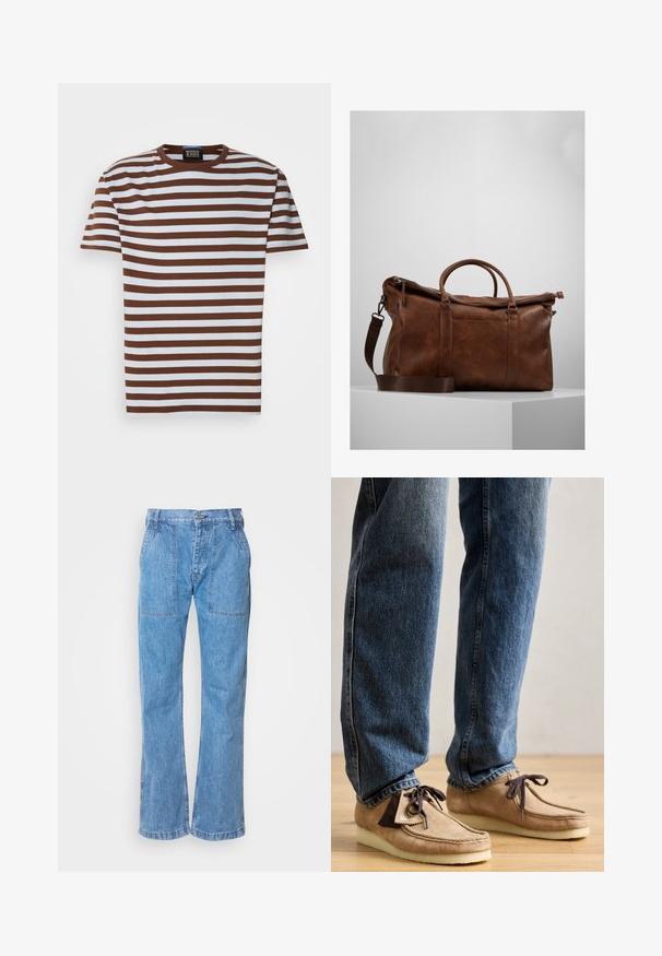 T-shirt a righe marroni e bianche con colletto tondo, maniche corte e texture a costine. Etichetta visibile sul colletto.; Jeans in denim azzurro chiaro con vestibilità rilassata, dotati di due tasche frontali, chiusura a bottone e dettagli di cucitura visibili.; Mocassini in suede color nocciola con accenti marrone scuro, punta arrotondata e suola bianca morbida. Presenta un design con lacci e dettagli cuciti.; Borsa da viaggio in pelle marrone con chiusura a zip, doppie maniglie, tracolla regolabile e motivi di texture visibili sulla superficie.