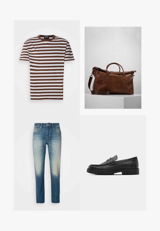 Brūni un balti svītrota T-kreklu ar apaļu kakla izgriezumu, īsām piedurknēm un ribotu tekstūru. Uz kakla izgriezuma redzama etiķete.; Gai zili džinsi ar izbalinātu apdari, pieci kabatas, pogu aizdare, taisna kāju dizains un kontrastējošas šuvju detaļas.; Melnas ādas loafers ar noapaļotu purngalu, ar izšūtu dizainu, zemu platformas zoli un teksturētu, rievotu gumijas ārējo zoli.; Brūna ādas ceļojumu soma ar rāvējslēdzēju, dubultām rokturiem, regulējamu plecu siksnu un redzamām tekstūras rakstu zīmēm virsmā.