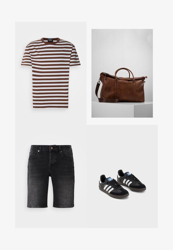 Camiseta de rayas marrones y blancas con cuello redondo, mangas cortas y textura acanalada. Etiqueta visible en el escote.; Shorts de mezclilla negra con corte recto, diseño de cinco bolsillos y costuras en contraste. Presenta un botón de metal y una textura de lavado oscuro.; Zapatillas negras con un upper de ante y sintético, con tres rayas blancas, suela de goma texturizada y etiqueta de logo azul en la lengüeta.; Bolsa de viaje de cuero marrón con cierre de cremallera, doble asa, correa de hombro ajustable y patrones de textura visibles en la superficie.