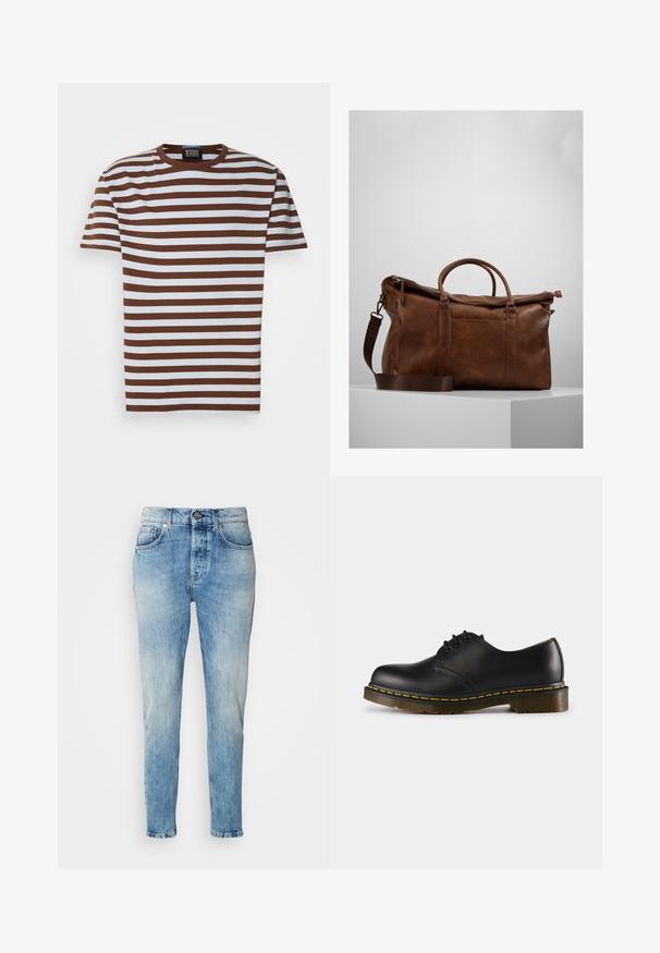 Brown and white striped T-shirt with a round neck, short sleeves, and a ribbed texture. Label visible at the neckline.; Light blue denim jeans with a faded wash, straight-leg design, five pockets, and a metal button closure. Subtle whiskering at the hips.; Black leather shoe with rounded toe, lace-up design, yellow stitching along the sole, and a chunky, textured rubber outsole.; Brown leather duffle bag with a zip closure, double handles, adjustable shoulder strap, and visible texture patterns on the surface.