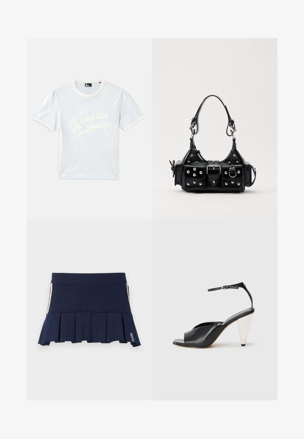 Lichtblauwe t-shirt met korte mouwen en een crèmekleurige kraag, met opgeblazen mouwen, featuring witte tekst "The Kooples" met een bliksemschichtontwerp.; Marineblauwe geplooide rok van rekbaar materiaal, met een aansluitende taille en een rits aan de zijkant. Stiksels zijn zichtbaar langs de naden.; Zwarte leren hoge hak sandaal met open teen, asymmetrisch ontwerp, enkelbandje en een metalen kegelvormige hak. Glad oppervlak over het geheel.; Zwarte lederen handtas met een gebogen ontwerp, voorzien van zilveren studs, een gesp en twee zijvakken. Verstelbare schouderband voor verschillende draagmogelijkheden.