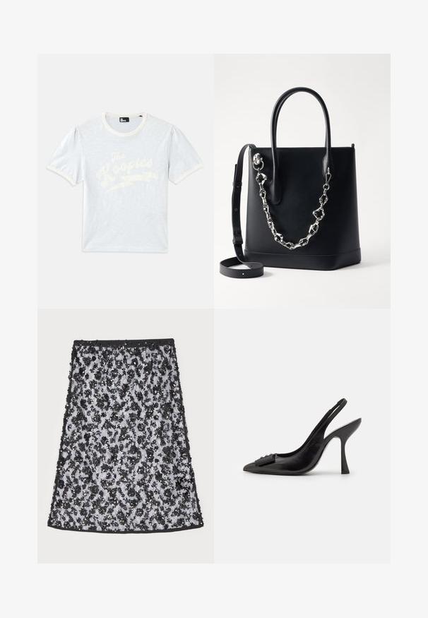 Világoskék, rövid ujjú póló, krémszínű gallérral és puffos ujjaival, fehér "The Kooples" felirattal és villám mintával.; Baum und Pferdgarten SAINA - A-vonalú szoknya - black; Fekete bőr pántos cipő hegyes orral, karcsú magas sarkával és dekoratív masnival. Simaság és elegáns dizájn.; Fekete bőr tote táska strukturált dizájnnal, ezüst lánccal díszítve és dupla fogantyúval. Lepattintható bőrszíjat tartalmaz.