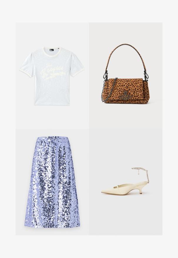 Ljusblå t-shirt med kort ärm och krämfärgad krage, med puffärmar, som har vit text "The Kooples" med blixtdesign.; En knälång kjol gjord av glänsande blå paljetter med svarta accenter, med rak skärning och slät textur.; Gräddfärgad spetsig slingback-hæl med tunn framrem och prydd ankelrem på vit bakgrund.; Väsk med leopardmönster, tillverkad av mocka, med ett kort handtag, en kedjeslinga och ett spänne i svart metall. Rektangulär form med klaffstängning.