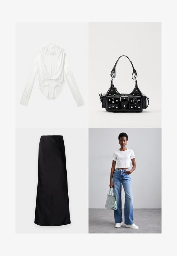 Body alb cu mânecă lungă, cu decolteu adânc în formă de cowl și închidere prin capse la între picioare, expus pe un fundal alb simplu.; Norma Kamali BIAS OBIE SKIRT - Fustă maxi - black; Tricou scurt cu dungi albe, blugi cu picioare largi de culoare albastră deschisă și adidași albi. Ținând o geantă de umăr cu dungi verzi și albe.; Geantă de piele neagră cu un design curbat, dotată cu studuri argintii, o cataramă și două buzunare laterale. Curea ajustabilă pentru opțiuni de transport.