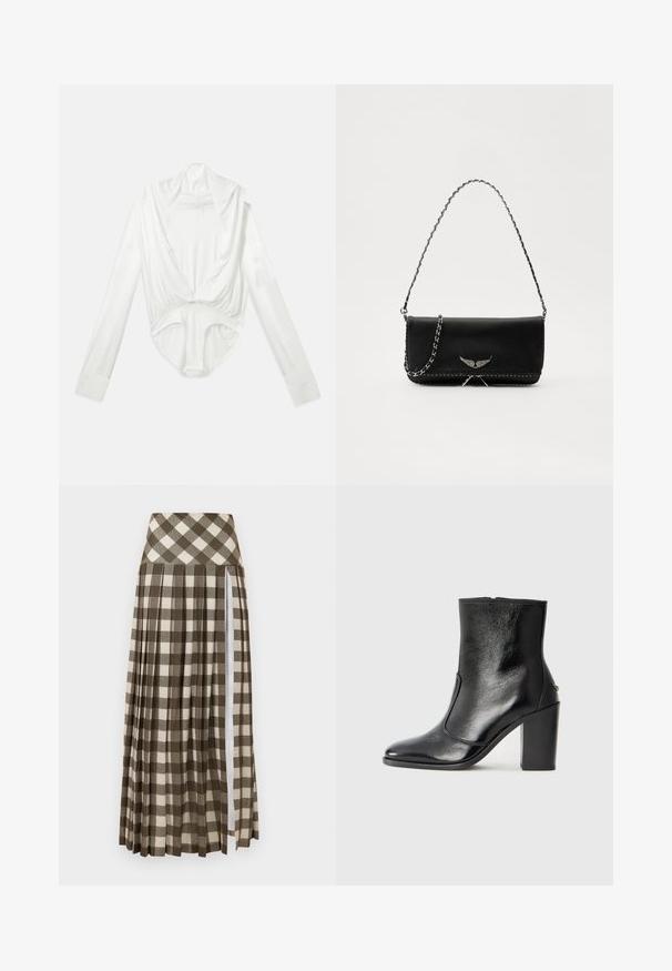 Λευκό κορμάκι με μακριά μανίκια, βαθύ λαιμόκοψη και κλείσιμο με κουμπί στο καβάλο, παρουσιασμένο σε έναν απλό λευκό φόντο.; Μακριά, πλυμένη φούστα με καφέ και μπεζ καρό σχέδιο. Σχεδίαση με ψηλή μέση, πλευρικό σκίσιμο και απαλή υφή υφάσματος.; Μαύρο δερμάτινο μποτάκι έως τον αστράγαλο με απλή υφή, μυτερή μύτη και χοντρό ψηλό τακούνι. Διαθέτει πλαϊνό άνοιγμα και μινιμαλιστικό σχέδιο.; Μαύρη δερμάτινη τσάντα με ασημένια αλυσίδα, που διαθέτει διακοσμητικά φτερά και λευκή ραφή κατά μήκος της κάτω ραφής.