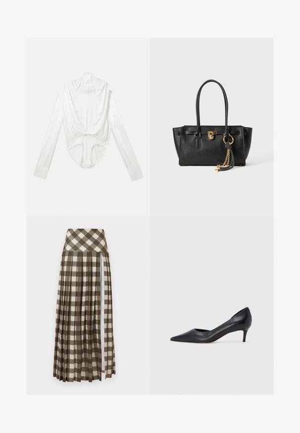 Bela dolga majica z dolgimi rokavi in globokim dekoltejem ter z zapiranjem na gumbih na mednožju, prikazana na enostavni beli podlagi.; Dolga, nabrana krilo z rjavim in bež karirastim vzorcem. Model z visokim pasom, z bočnim razporkom in mehko teksturo tkanine.; Črni usnjeni čevelj s koničastim prstom in nizkim tihim peto. Ima gladko teksturo in subtilen lesk. Spredaj odprt izrez za dodaten detajl.; Črna usnjena torbica z dvojno ročajema, zlatim ključavnico in detajlom verige, ter dodatkom črno-belih rese na belem ozadju.