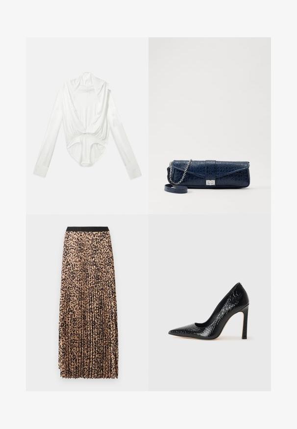 Body blanc à manches longues avec un décolleté plongeant et une fermeture à pression à l'entrejambe, présenté sur un fond blanc uni.; Jupe maxi plissée beige avec un motif léopard noir, dotée d'une taille élastique noire et d'un tissu léger et texturé.; Escarpin noir à bout pointu avec texture en cuir de crocodile, présentant un design élégant, un haut talon aiguille et un intérieur noir lisse.; Pochette en cuir bleu marine avec une texture crocodile, une chaîne en argent et un fermoir métallique. De forme rectangulaire avec un design rabat.
