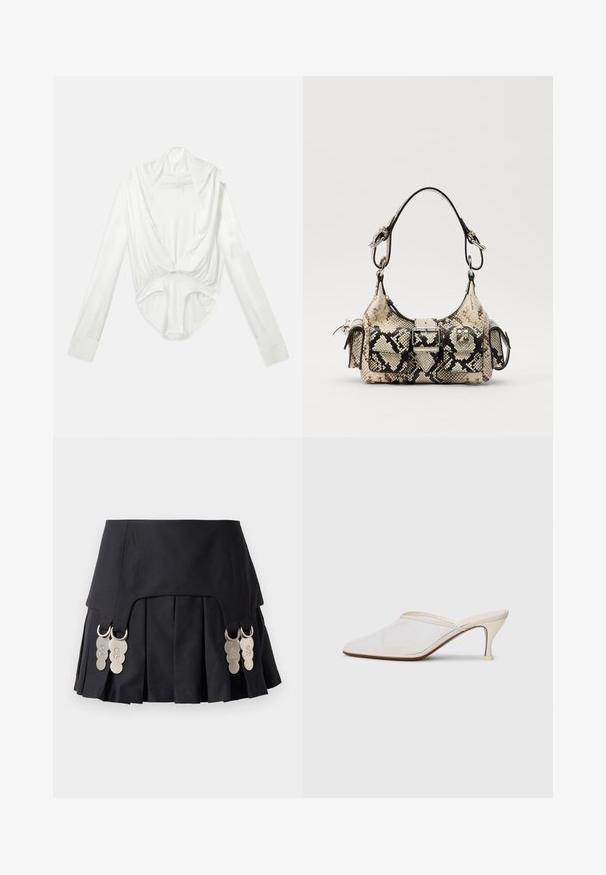 Bodysuit blanco de manga larga con escote profundo y cierre a presión en la entrepierna, mostrado sobre un fondo blanco liso.; Falda negra con plisados que presenta detalles de metal en los laterales, hecha de un tejido estructurado con una textura suave y un diseño limpio.; Mule blanco de malla con punta afilada, tacón medio y diseño de fácil colocación contra un fondo liso.; Bolso de mano de Python en beige y negro, con una forma estructurada, detalle de hebilla y dobles asas. Superficie texturizada.