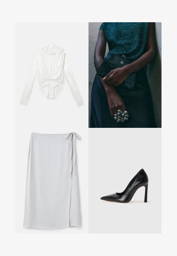 White long-sleeve bodysuit with deep cowl neck and snap closure at the crotch, displayed on a plain white background.; Light gray wrap skirt with a smooth texture, side tie closure, and a subtle slit on the left side. Plain design without patterns or accents.; Black pointed-toe high heel shoe with a crocodile-skin texture, featuring a sleek design, high stiletto heel, and smooth black interior.; Black crocodile-patterned clutch bag with silver hardware, held against a textured gray background. Features a shiny surface.