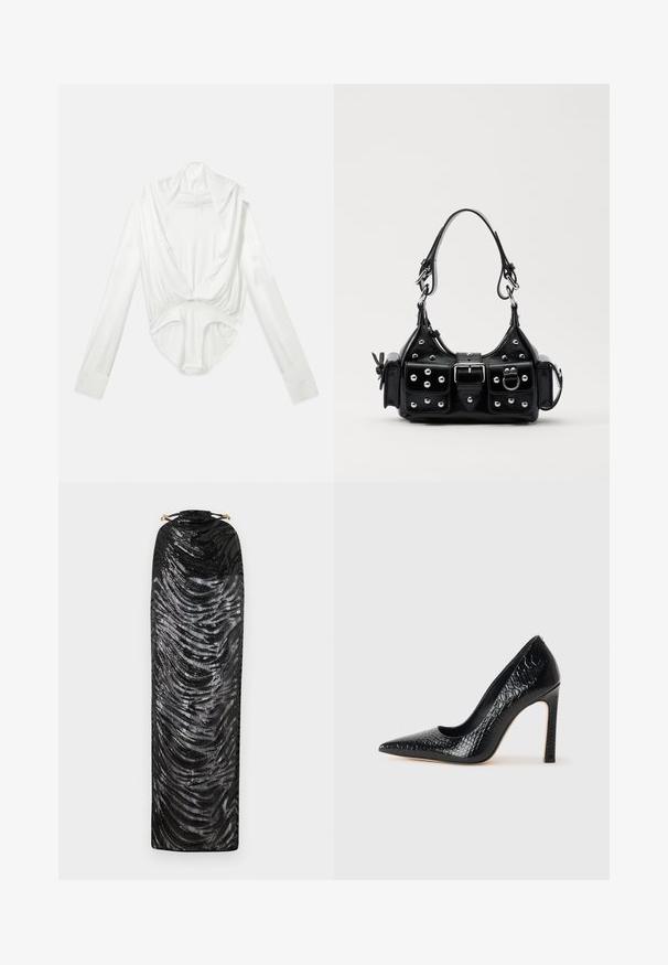 Vit långärmad bodysuit med djup halssnib och tryckknappslås vid skridtet, presenterad mot en enkel vit bakgrund.; Svart aftonklänning med ett vågigt mönster, prydd med paljetter, hög krage och dragsko-stängning med gulddetaljer.; Svart spetsig högklackad sko med krokodilskinnsstruktur, som har en elegant design, hög stilettklack och en slät svart innersula.; Svart läderhandväska med en kurvad design, prydd med silverfärgade nitar, ett spänne och två sidofickor. Justerbar rem för olika bäralternativ.