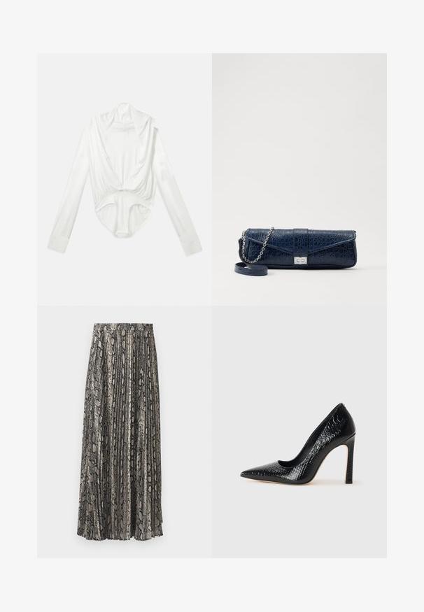 Bodysuit blanco de manga larga con escote profundo y cierre a presión en la entrepierna, mostrado sobre un fondo blanco liso.; Falda midi plisada en un patrón de estampado de serpiente, que presenta tonos de gris, negro y beige. Confeccionada en tela ligera con cintura elástica.; Zapato de tacón alto negro con punta afilada y textura de piel de cocodrilo, que presenta un diseño elegante, un alto tacón de aguja y un interior negro suave.; Clutch de piel azul marino con textura de cocodrilo, correa de cadena plateada y cierre metálico. Forma rectangular con diseño plegable.