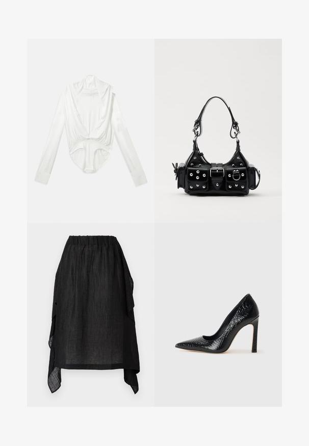 White long-sleeve bodysuit with deep cowl neck and snap closure at the crotch, displayed on a plain white background.; Henrik Vibskov UNCUT SKIRT - A-line skirt - black; Black pointed-toe high heel shoe with a crocodile-skin texture, featuring a sleek design, high stiletto heel, and smooth black interior.; Black leather handbag with a curved design, featuring silver studs, a buckle, and two side pockets. Adjustable strap for carrying options.