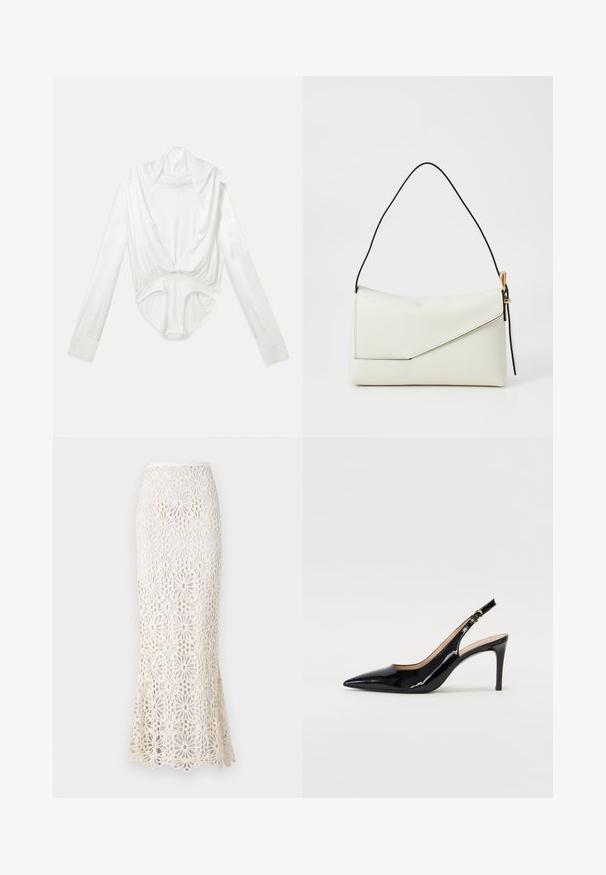 Fehér, hosszú ujjú body mély, csónaknyakú nyakkal és patentos záródással az ágyék résznél, sima fehér háttéren bemutatva.; Norma Kamali OBIE LONG SKIRT - Maxi szoknya - cream; Fekete lakk bőr kötött magassarkú cipő, hegyes orral és karcsú sarokkal, finom kivágásos dizájnnal. Az övön arany csatt található.; Fehér bőr kézitáska háromszög alakú fedélzárral, fekete pánttal, aranyszínű fém kiegészítőkkel, és sima textúrával.
