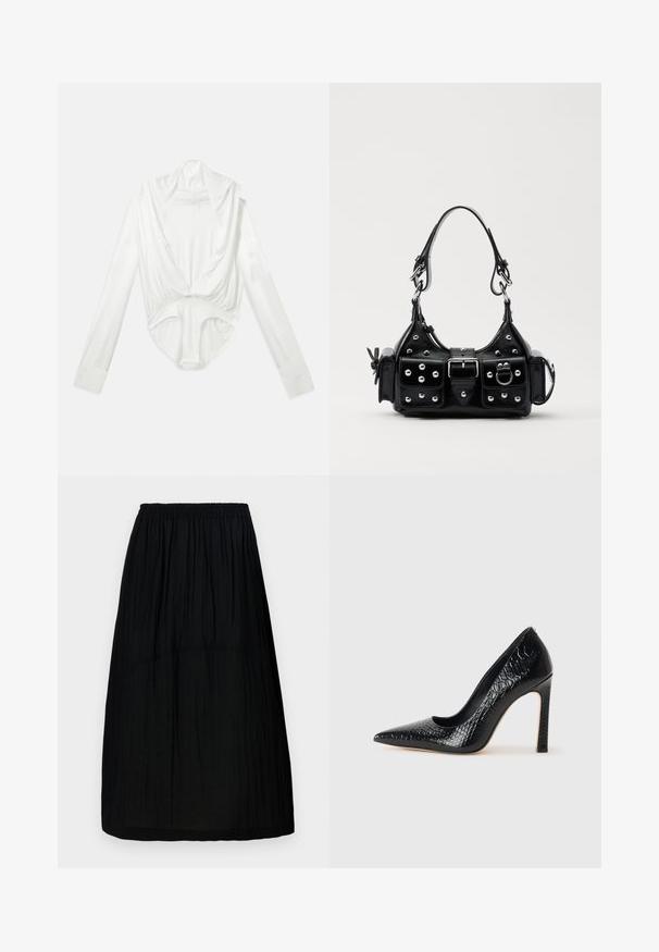 Bodysuit branco de mangas longas com decote profundo e fecho de mola na zona da virilha, apresentado sobre um fundo branco liso.; Saia preta até ao joelho com um cós elástico, feita de um tecido leve e texturizado com suaves pregas verticais. Design simples.; Sapato de salto alto de bico fino preto com textura de pele de crocodilo, apresentando um design elegante, salto agulha alto e interior preto suave.; Bolsa de couro preta com um design curvado, apresentando tachas prateadas, uma fivela e dois bolsos laterais. Alça ajustável para opções de transporte.