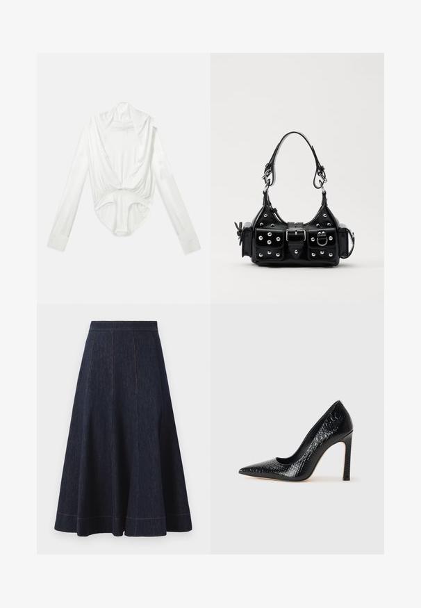 Bodysuit blanco de manga larga con escote profundo y cierre a presión en la entrepierna, mostrado sobre un fondo blanco liso.; Falda de mezclilla azul oscuro con una silueta acampanada, que presenta detalles de costuras verticales y un hilo naranja contrastante a lo largo del dobladillo.; Zapato de tacón alto negro con punta afilada y textura de piel de cocodrilo, que presenta un diseño elegante, un alto tacón de aguja y un interior negro suave.; Bolso de mano de cuero negro con un diseño curvado, que cuenta con tachuelas plateadas, una hebilla y dos bolsillos laterales. Correa ajustable para opciones de transporte.