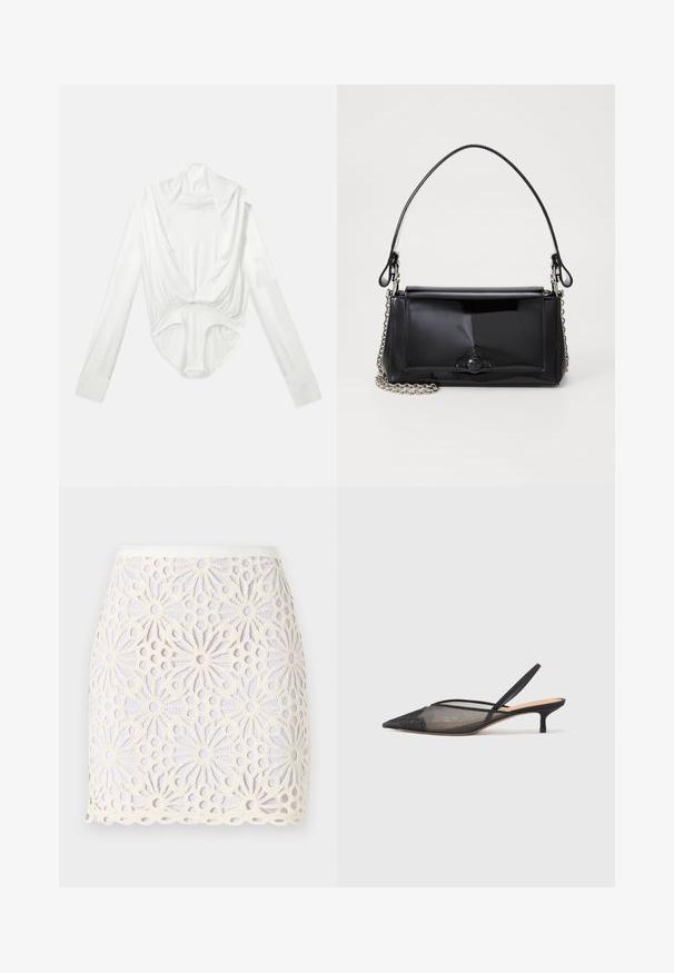 Valkoinen pitkähiha bodysuit, jossa on syvä laskostettu kaulus ja napitus haarassa, esitelty yksinkertaisella valkoisella taustalla.; Valkoinen pitsinen minisyrttymekko, jossa on kukkakuosisia leikkuukuvioita. Helma on aaltoileva ja vyötärö on sileä ja hieman kiiltävä.; NEOUS IRENA - Avokkaat - black; Musta lakattu nahkalaukku suorakaiteen muotoisena, ketjuhihnalla ja erottuvalla varustusesineellä keskellä. Siveltimellinen pinta.