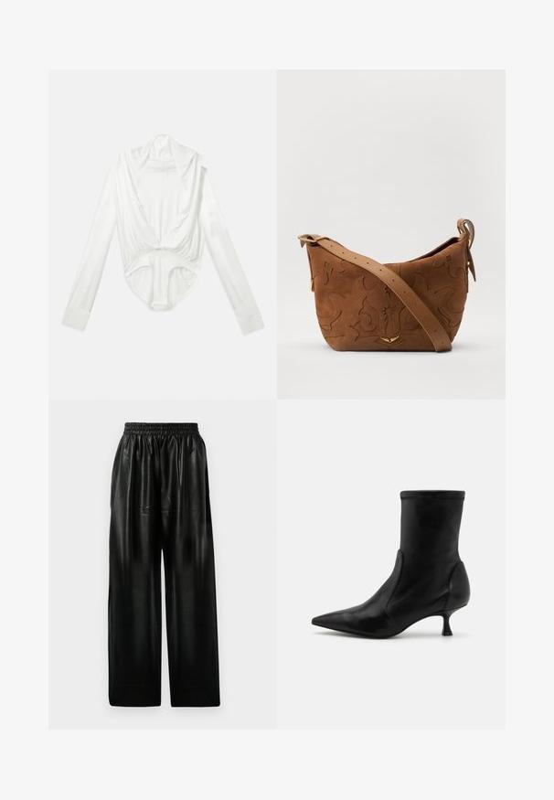 White long-sleeve bodysuit with deep cowl neck and snap closure at the crotch, displayed on a plain white background.; Black leather wide-leg pants with an elastic waistband, featuring two side pockets and a smooth, shiny texture.; Black leather ankle boot with a tapered silhouette, elastic upper, and a short, thin heel. Smooth texture and minimal stitching details.; Brown suede shoulder bag with embossed floral design, complemented by a smooth brown leather strap and gold-tone hardware accent.; Two wing-shaped earrings featuring silver-tone metal with clear, round-cut rhinestones and gold-tone metal accents in a layered design.