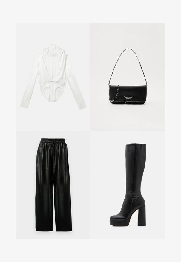 Valkoinen pitkähiha bodysuit, jossa on syvä laskostettu kaulus ja napitus haarassa, esitelty yksinkertaisella valkoisella taustalla.; Mustat nahkaiset väljät housut, joissa on joustava vyötärö, kahdella sivutaskulla ja sileällä, kiiltävällä pinnalla.; Mustat polvipituiset saappaat, jotka on valmistettu sileästä nahasta ja joissa on tekstuuri, korkea paksu korko ja pyöreä kärjen muoto.; Musta nahkalaukku, jossa on hopeaketjuolkaimet, koristelu siipiyksityiskohdilla ja valkoisella ommellulla sauman alareunassa.