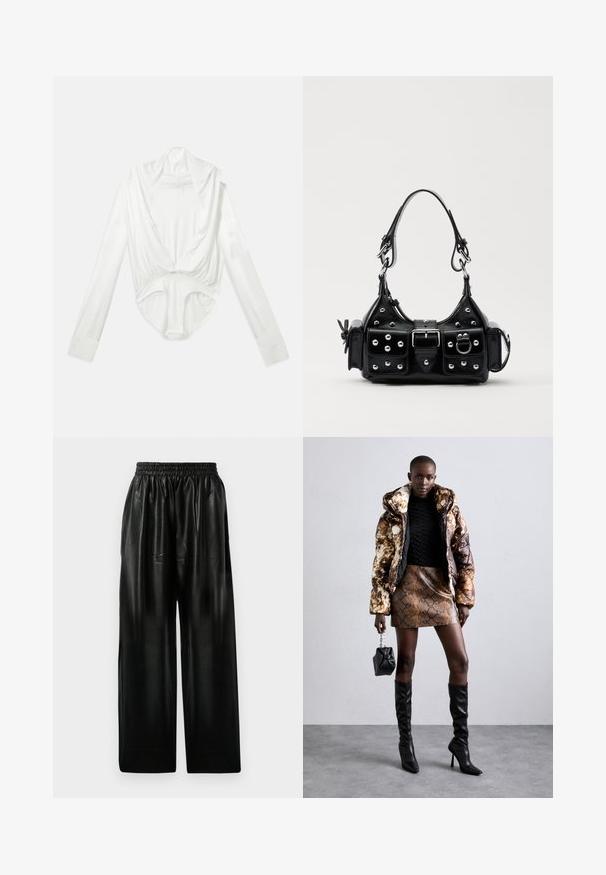 Biely body so longými rukávmi, hlbokým výstrihom a patentným zapínaním v rozkroku, zobrazené na jednoduchej bielej pozadí.; Čierne kožené nohavice s širokými nohavicami a elastickým pásom, so štyrmi bočnými vreckami a hladkou, lesklou textúrou.; Bundička s kapucňou so hnedo-čiernym vzorom, skombinovaná s mini suknou s hadím vzorom v hnedej farbe, čiernymi čižmami po kolená a malou čiernou kabelkou.; Čierna kožená kabelka s zakriveným dizajnom, doplnená striebornými cvočkami, prackou a dvoma bočnými vreckami. Nastaviteľný popruh poskytuje rôzne možnosti nosenia.