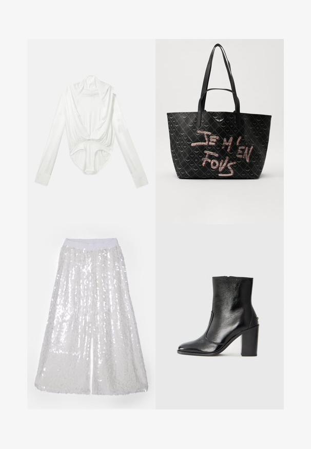 Fehér, hosszú ujjú body mély, csónaknyakú nyakkal és patentos záródással az ágyék résznél, sima fehér háttéren bemutatva.; Norma Kamali BOYFRIEND ELEPHANT - Nadrágok - clear/white; Fekete bőr bokacipő sima textúrával, hegyes orral és vastag, magas sarkával. Oldalnyílással és minimalista dizájnnal rendelkezik.; Fekete vászontáska struktúrált anyagból, gyémántmintázattal, vállpántokkal és merész piros-fehér felirattal, ami azt mondja: "JE M'EN FOUS."