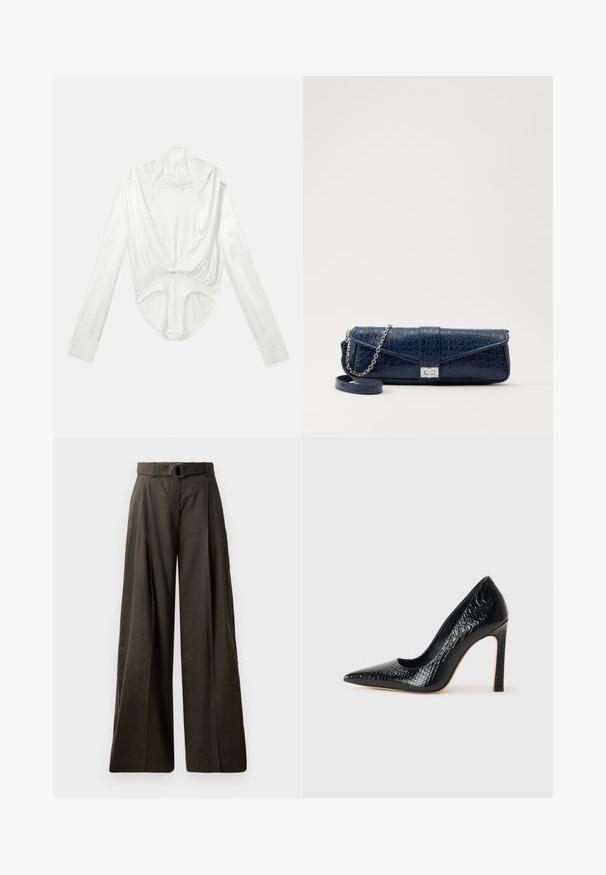Bílý body s dlouhými rukávy a hlubokým volným výstřihem, zakončený patentkami na rozkroku, vystavený na jednotvárném bílém pozadí.; Kalhoty s vysokým pasem a širokými nohavicemi z tmavě hnědé tkaniny s hladkou strukturou. Obsahují pás se stejným vzorem a kulatou sponou a záhybovým designem.; Černý lodičkový bot s špičatou špičkou, pokrytý texturou krokodýlí kůže, s elegantním designem, vysokým stiletto podpatkem a hladkým černým interiérem.; Námořnická modrá kožená kabelka s krokodýlí texturou, stříbrným řetízkovým popruhem a kovovým zapínáním. Obdélníkový tvar s překlápěcím designem.