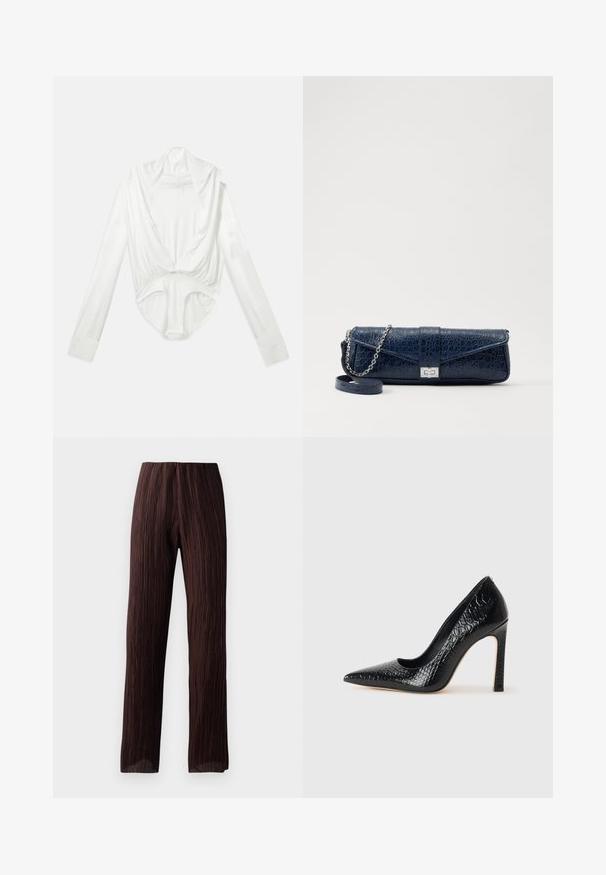Body bianco a maniche lunghe con scollo profondo e chiusura con bottoni sul cavallo, esposto su uno sfondo bianco semplice.; Pantaloni a gamba larga marroni con texture plissettata, vita alta e design fluido. Realizzati in tessuto leggero. Senza chiusure visibili.; Scarpa nera con punta a punta alta in pelle di coccodrillo, caratterizzata da un design elegante, alto tacco a spillo e interno nero liscio.; Clutch in pelle blu navy con texture a coccodrillo, tracolla in catena argentata e chiusura metallica. Forma rettangolare con design pieghevole.
