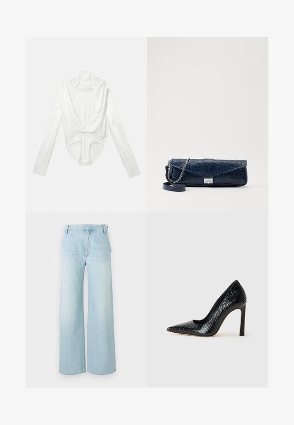 Fehér, hosszú ujjú body mély, csónaknyakú nyakkal és patentos záródással az ágyék résznél, sima fehér háttéren bemutatva.; Világoskék, bőszárú farmernadrág. Magas derekú, öt zsebes dizájnnal rendelkezik, enyhe kopással és tiszta szegéllyel.; Fekete hegyes orrú magassarkú cipő krokodilbőr textúrával, letisztult dizájnnal, magas tűsarkú és sima fekete belső résszel.; Sötétkék bőr retikül krokodilbőr textúrával, ezüst lánc pánttal és fém csattal. Téglalap alakú, felhajtható kialakítással.