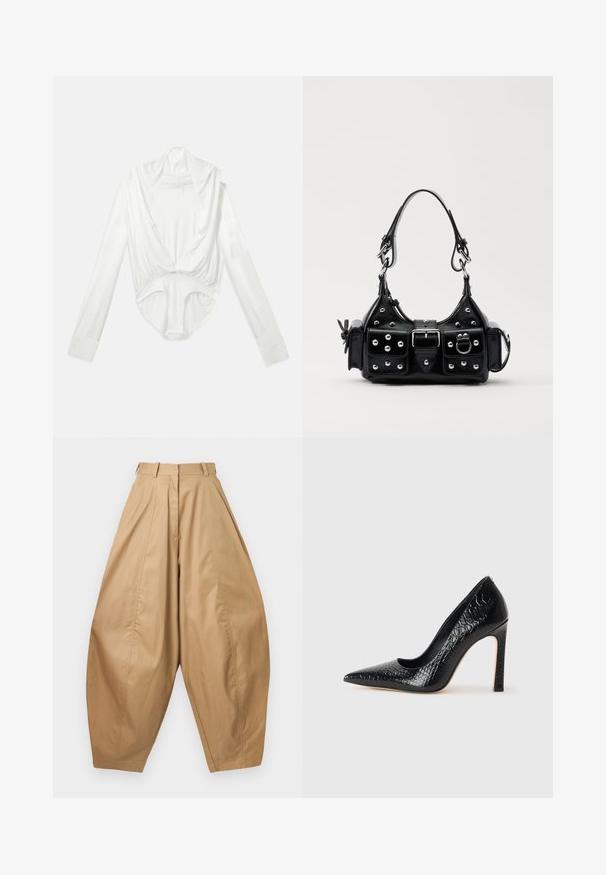 Body blanc à manches longues avec un décolleté plongeant et une fermeture à pression à l'entrejambe, présenté sur un fond blanc uni.; Pantalons beiges taille haute, jambes larges avec des plis, passants de ceinture et ourlets fuselés, présentés sur un fond blanc.; Escarpin noir à bout pointu avec texture en cuir de crocodile, présentant un design élégant, un haut talon aiguille et un intérieur noir lisse.; Sac à main en cuir noir au design courbé, avec des clous en argent, une boucle et deux poches latérales. Bandoulière réglable pour différentes options de transport.
