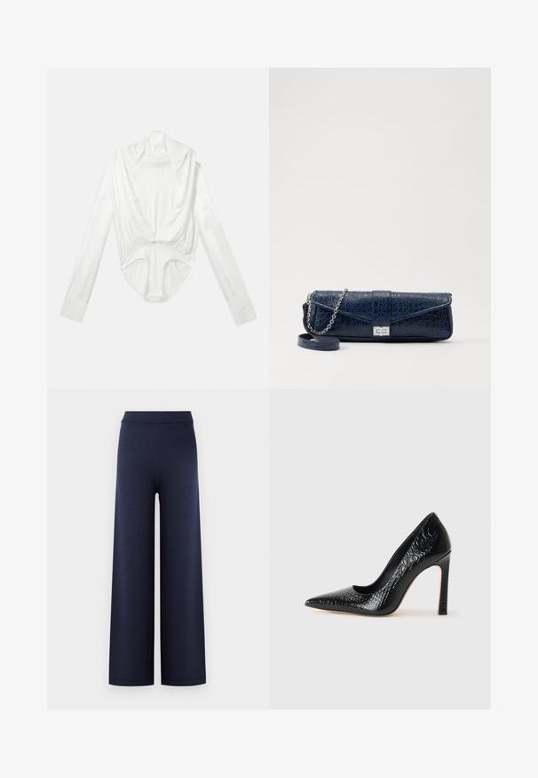 Bílý body s dlouhými rukávy a hlubokým volným výstřihem, zakončený patentkami na rozkroku, vystavený na jednotvárném bílém pozadí.; Široké kalhoty v námořnické barvě, vyrobené z texturované pleteniny, s hladkým elastickým pasem a bez viditelných zapínání.; Černý lodičkový bot s špičatou špičkou, pokrytý texturou krokodýlí kůže, s elegantním designem, vysokým stiletto podpatkem a hladkým černým interiérem.; Námořnická modrá kožená kabelka s krokodýlí texturou, stříbrným řetízkovým popruhem a kovovým zapínáním. Obdélníkový tvar s překlápěcím designem.