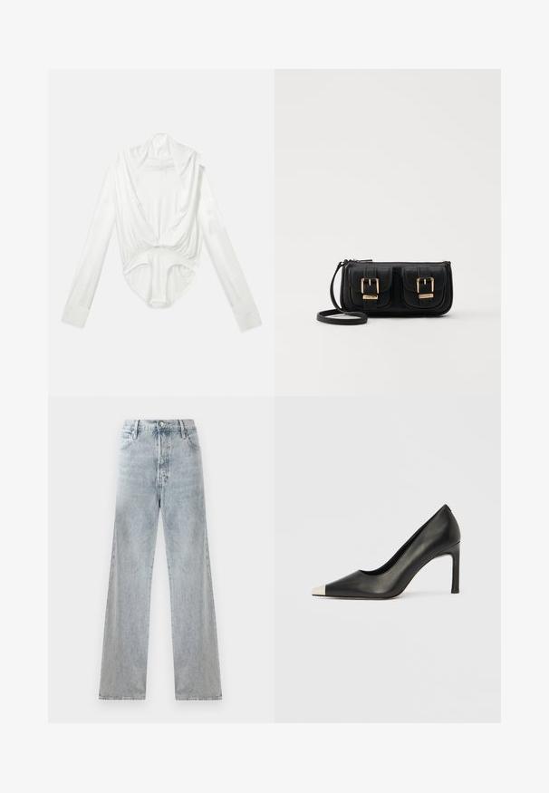 Body blanc à manches longues avec un décolleté plongeant et une fermeture à pression à l'entrejambe, présenté sur un fond blanc uni.; Jean en denim bleu clair avec taille haute, silhouette à jambes larges, design traditionnel à cinq poches et effets de décoloration subtils.; Chaussure à talon haut en cuir noir avec bout pointu et capuchon argenté métallique. Présente une finition lisse et un talon fin de 10 cm.; Sac en cuir noir porté en travers avec deux poches avant, boucles dorées, fermeture zippée et une sangle fine. Surface texturée et forme rectangulaire compacte.