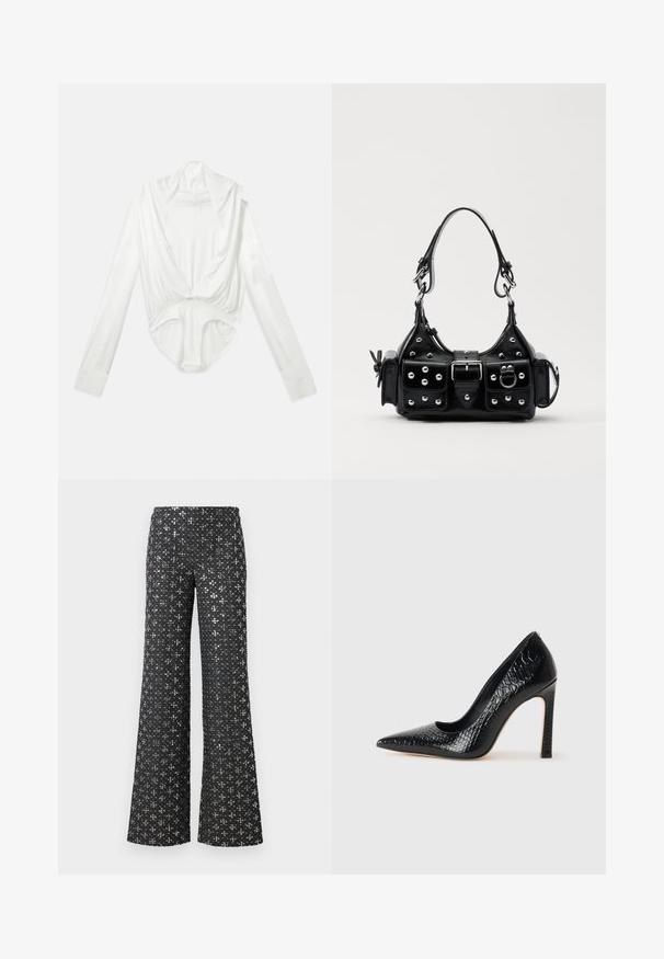 Bodysuit blanco de manga larga con escote profundo y cierre a presión en la entrepierna, mostrado sobre un fondo blanco liso.; Pantalones de pierna ancha negros con una textura de lentejuelas y acentos plateados, creando una apariencia estampada en toda la tela.; Zapato de tacón alto negro con punta afilada y textura de piel de cocodrilo, que presenta un diseño elegante, un alto tacón de aguja y un interior negro suave.; Bolso de mano de cuero negro con un diseño curvado, que cuenta con tachuelas plateadas, una hebilla y dos bolsillos laterales. Correa ajustable para opciones de transporte.
